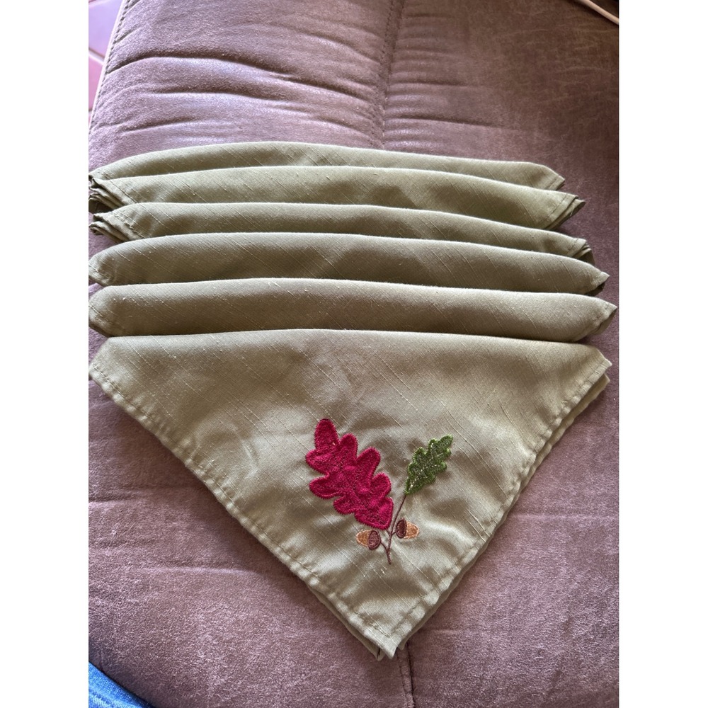 Set of 6 Sage Green Embroidered Oak Leaf and Acorn Cloth Napkins Autumn Harvest